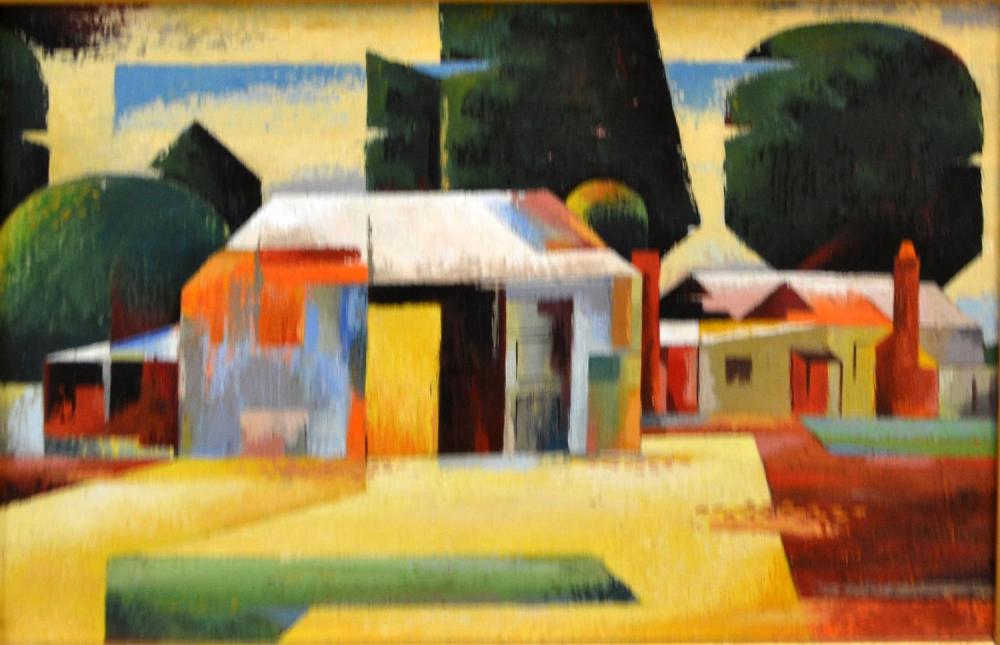 Max Dimmack comparable auction result: max dimmack born 1922 buildings at mernda oil on board