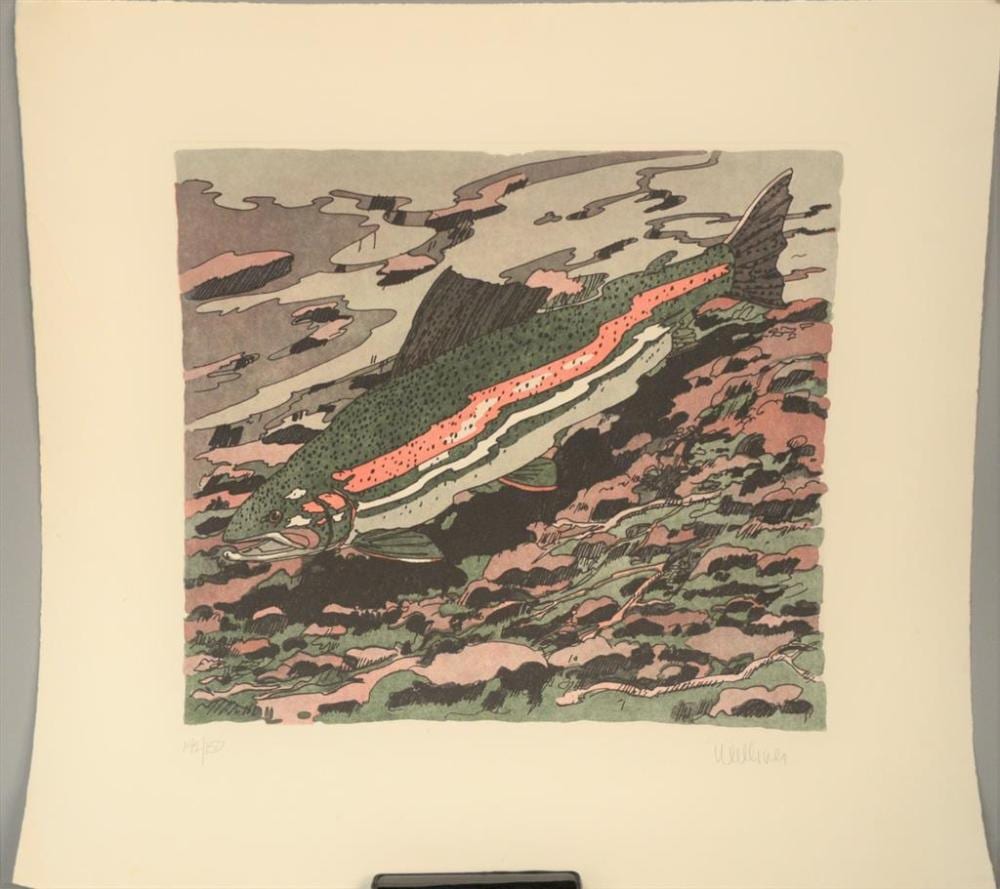 neil gavin welliver 1929 2005 winter rainbow trout 1983 aquatint and etching printed in colors on arches cover paper pencil · Nadeau's Auction Gallery · 2020-01-01 Neil Gavin Welliver comparable auction result: neil gavin welliver 1929 2005 winter rainbow trout 1983 aquatint and etching printed in colors on arches cover paper pencil