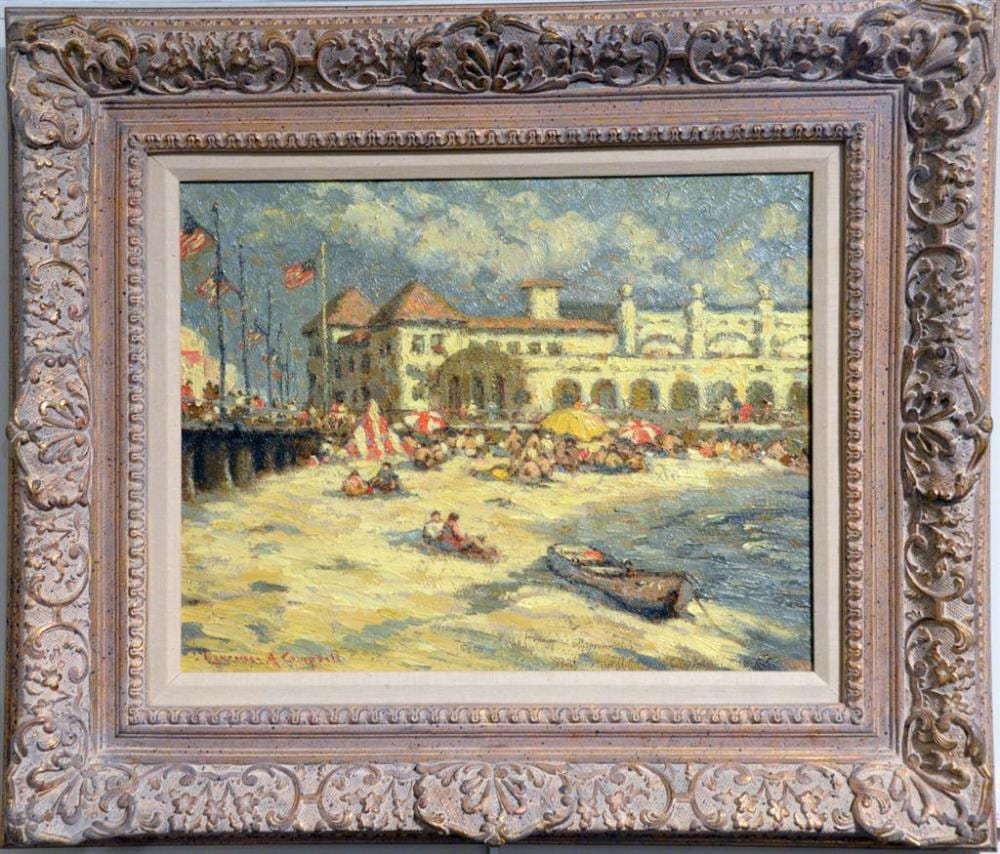 Laurence A Campbell comparable auction result: laurence a campbell b 1939 ocean city music pier oil on canvas flying american flags beach scene signed lower left laurence