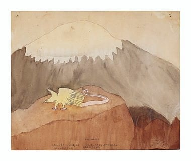 henry darger 1892 1973 golden eagle blengiglomenean creature circa 1950 watercolor and carbon transfer on paper 14 x 17 in · Christie's · 2020-01-17 Henry Darger comparable auction result: henry darger 1892 1973 golden eagle blengiglomenean creature circa 1950 watercolor and carbon transfer on paper 14 x 17 in