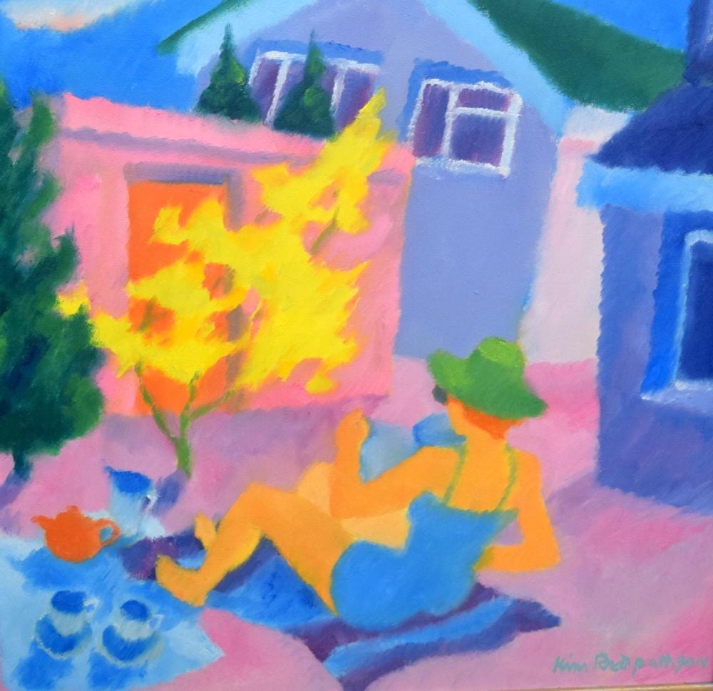 Kim Redpath comparable auction result: kim redpath b 1925 framed oil on canvas forsythia a female laying in the sun signed 58 cm x 58 cm
