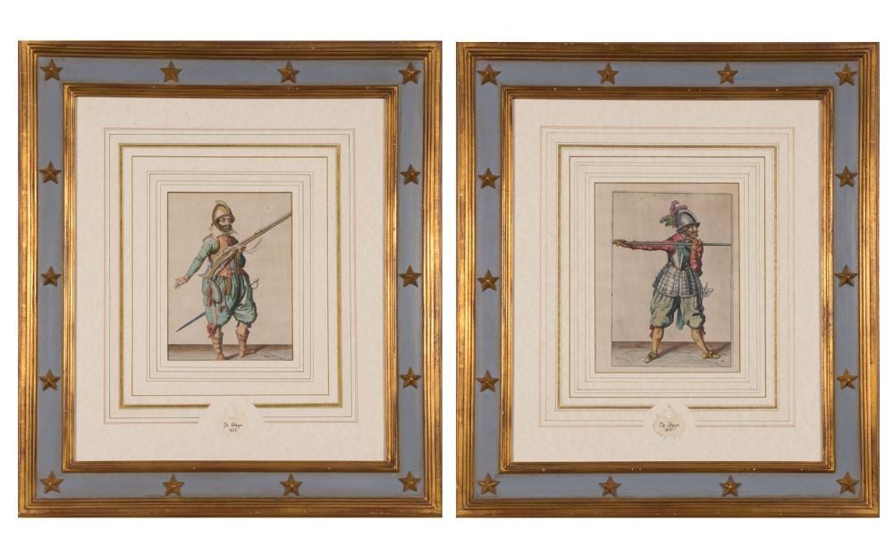 Jacques de Gheyn comparable auction result: jacques de gheyn military figures two hand colored engravings