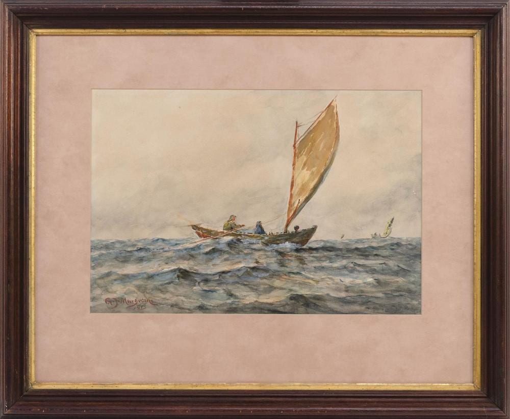 gilbert tucker margeson massachusetts 1852 1949 small vessel at sea watercolor 14 x 21 sight framed 26 x 32 · Eldred's · 2020-01-24 Gilbert Tucker Margeson comparable auction result: gilbert tucker margeson massachusetts 1852 1949 small vessel at sea watercolor 14 x 21 sight framed 26 x 32