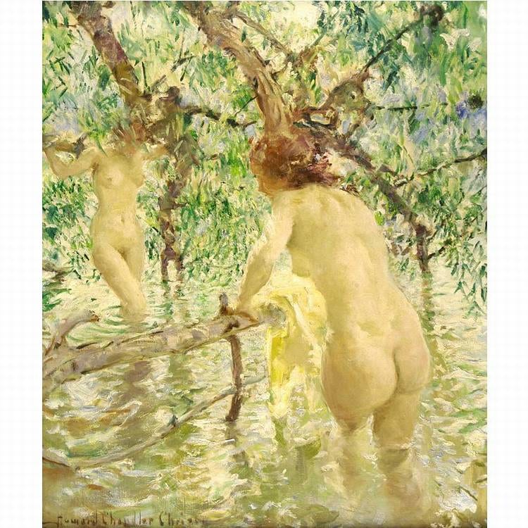 Painting of two nude women bathing in a sunlit, leafy outdoor setting.