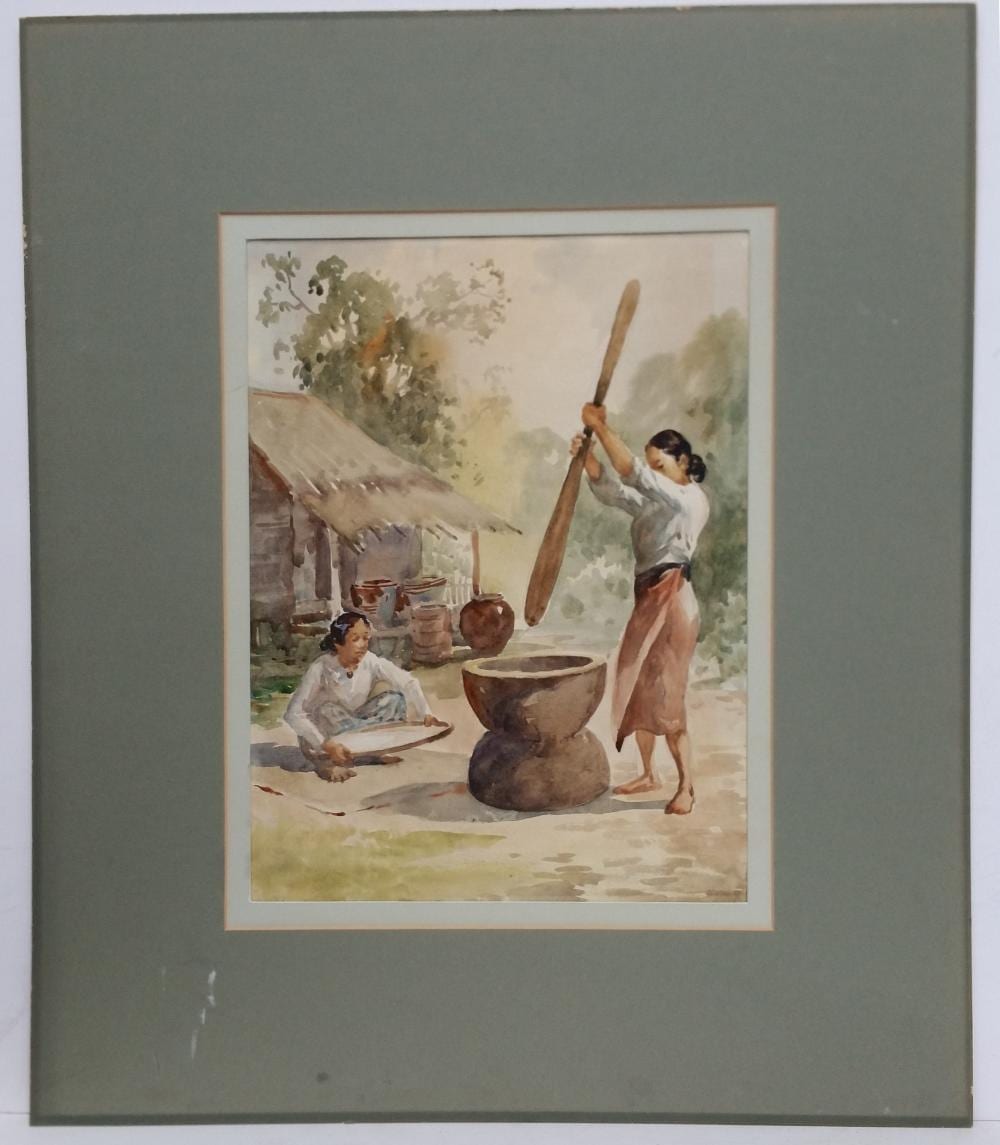ngwe gaing 4of4 painting burma burmese watercolor rangoon school south pacific woman grinding patty · Hess Fine Art · 2020-01-25 Ngwe Gaing comparable auction result: ngwe gaing 4of4 painting burma burmese watercolor rangoon school south pacific woman grinding patty