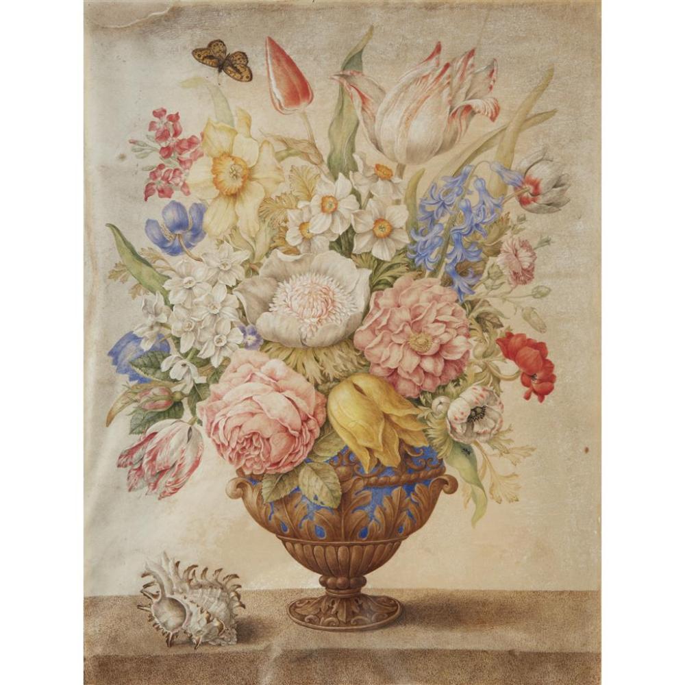 Giovanna Garzoni comparable auction result: giovanna garzoni italian 1600 1670 flowers in a lapis lazuli vase on a marble top with a conch shell and a monarch butterfly