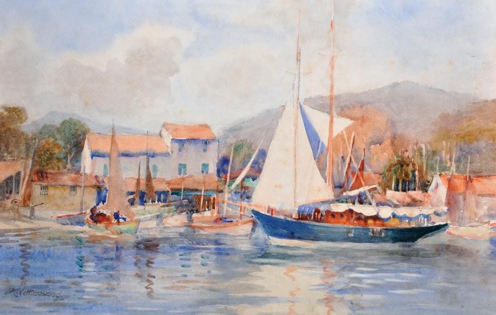 arthur netherwood 1864 1930 british a river scene with a moored sailing boat watercolour signed unframed 10 5 x 16 · John Nicholson's Fine Art Auctioneers & Valuers · 2020-01-29 Arthur Netherwood comparable auction result: arthur netherwood 1864 1930 british a river scene with a moored sailing boat watercolour signed unframed 10 5 x 16