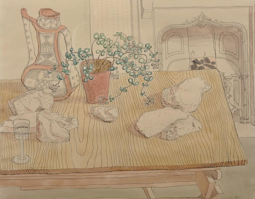 Evan Charlton comparable auction result: evan charlton 1904 1984 british still life of a plant a coffee pot a glass and rocks on a wooden table a roaring fire beyond watercolour and ink signed 20 x 23 5