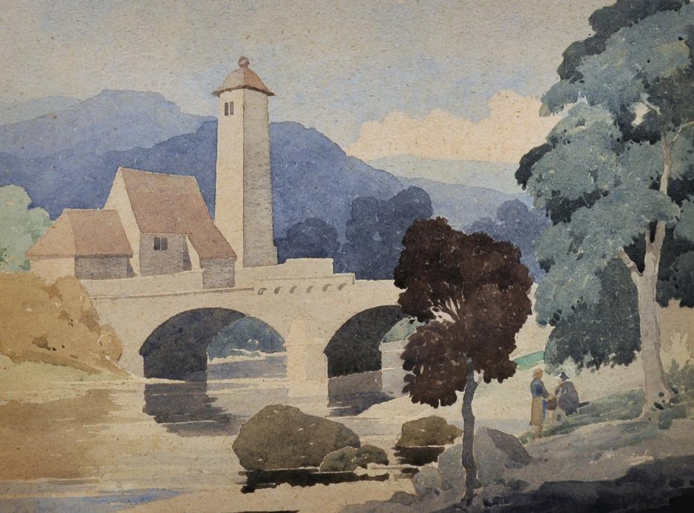 Bertram Nicholls comparable auction result: bertram nicholls 1883 1974 british a continental river landscape with a distant monastery and figures in the foreground watercolour signed and dated 1937 10 75 x 14 25