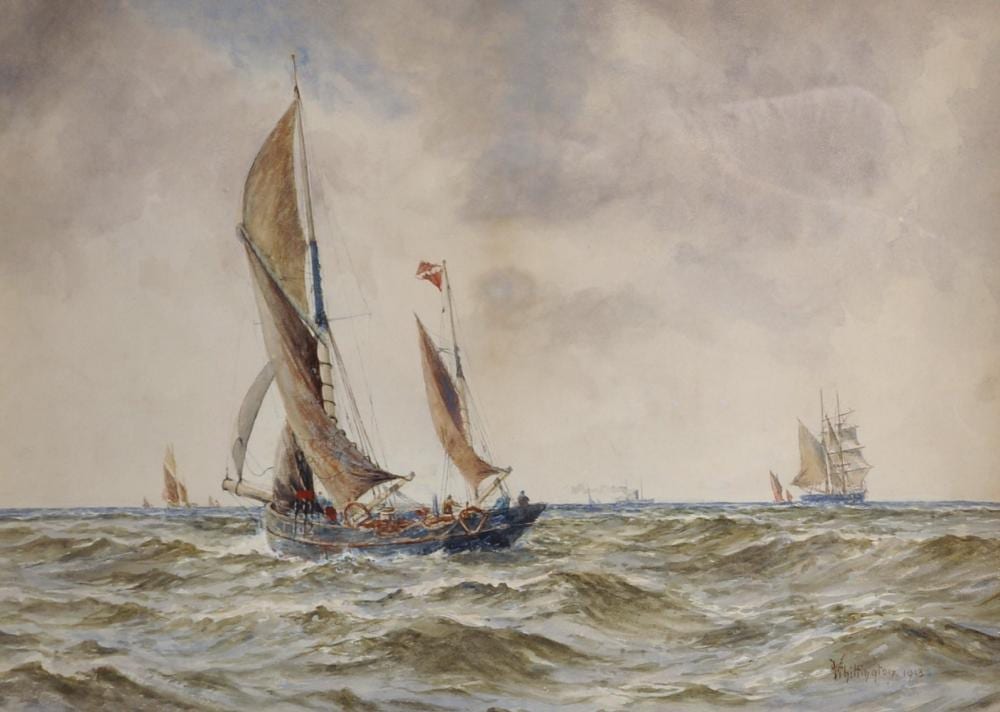 William Whittington comparable auction result: william g whittington act 1904 1914 british a shipping scene with a trawler in the foreground watercolour signed and dated 1913 14 25 x 20 5