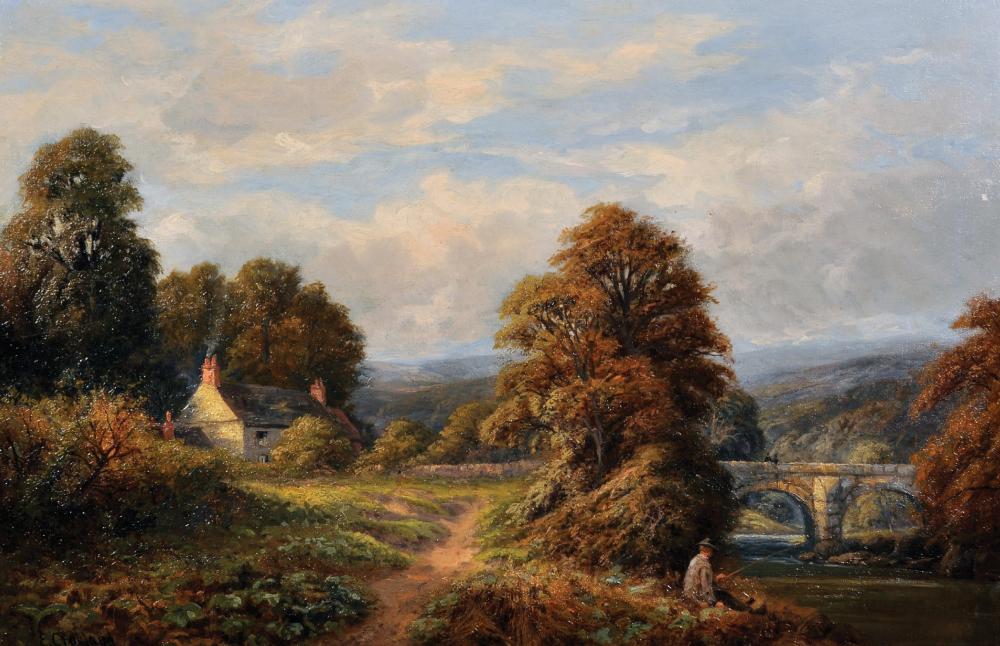 Enoch Crosland comparable auction result: enoch crosland 1860 1945 british a river landscape with a man fishing in the foreground oil on canvas signed 16 x 24