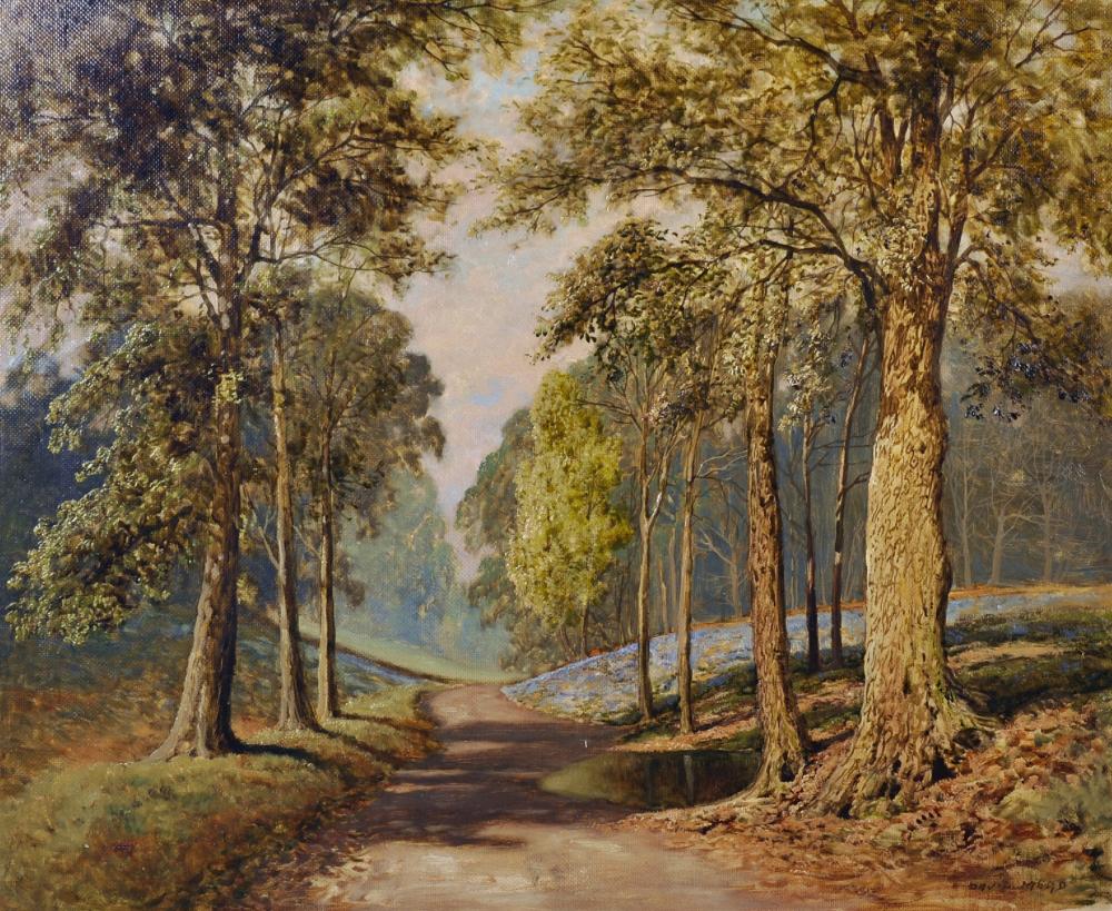 David Mead comparable auction result: david mead 1906 1986 british balcombe forest sussex a track through the woods oil on board signed and inscribed on the reverse 20 x 24