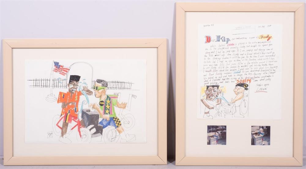 Loren Munk comparable auction result: loren munk american b 1951 2 drawings squirt mixed media drawing and letter with sketch and photographs depicting inspirat