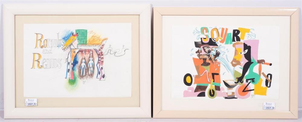 Loren Munk comparable auction result: loren munk american b 1951 2 mixed media paintings squart and romulus remus each signed munk 89 13 x 19 sheet