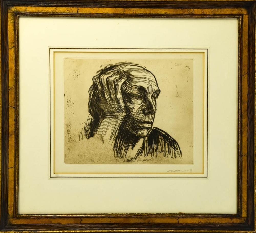 Kathe Kollwitz Selbstbildnis Self Portrait Etching sold by Greenwich Auction, lot 121 — auction record photograph