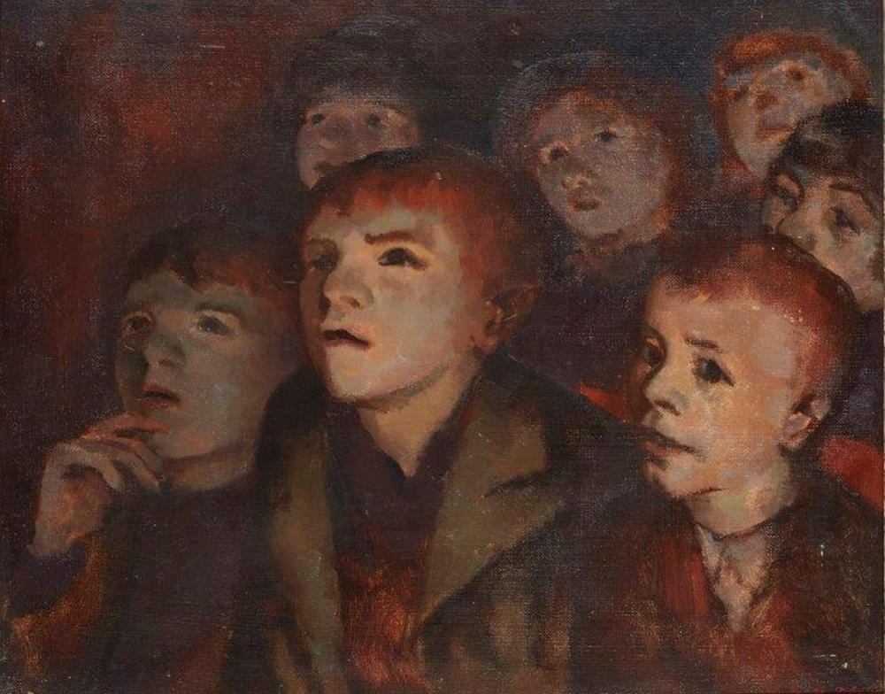 Morris Kestelman comparable auction result: morris kestelman british 1905 1998 boys at cinema oil on canvas laid