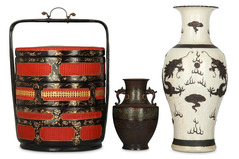 A CHINESE DRAGON VASE, A FOOD BASKET AND A JAPANESE CLOISONNÉ VASE. sold by Chiswick Auctions, lot 422 — auction record photograph