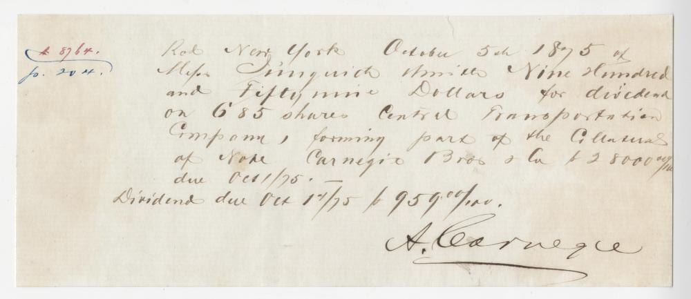 Andrew Carnegie comparable auction result: andrew carnegie signed receipt for railroad dividend