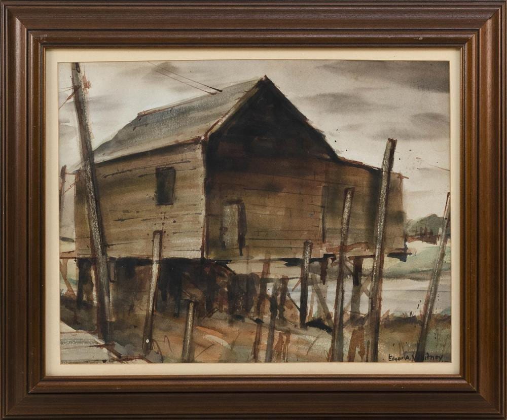 Edgar Albert Whitney comparable auction result: edgar albert whitney new york 1891 1987 fishing shack on a dock watercolor on paper 14 5 x 18 75 sight framed 20 x 24
