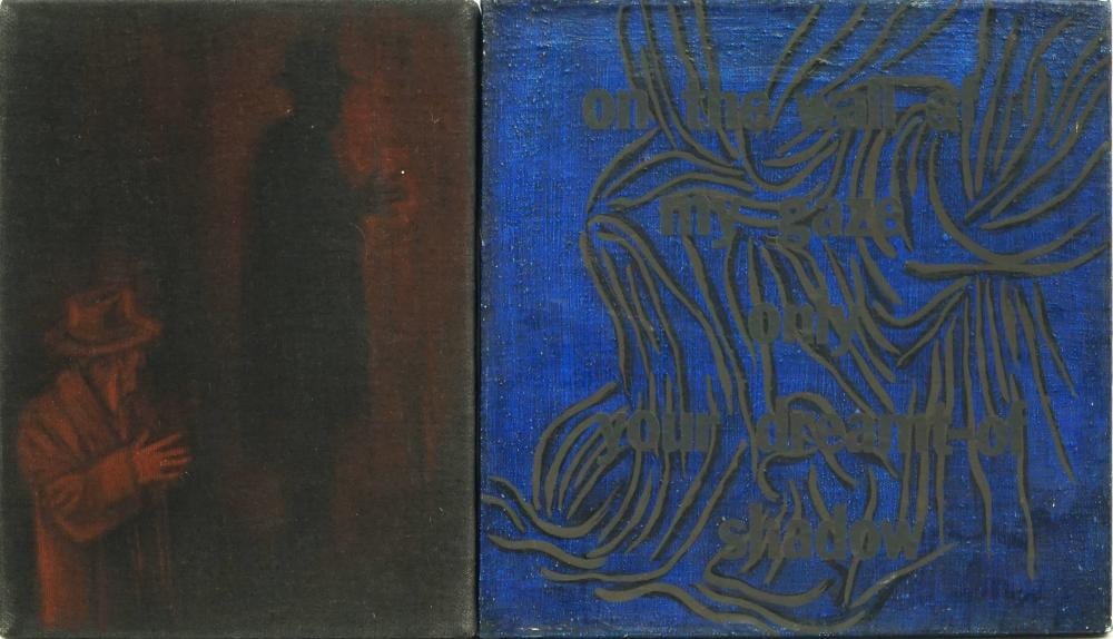 Margaret Morgan comparable auction result: margaret morgan 1958 your gaze bites the side of my face diptych oil and linen 30 x 23 5 cm 30 5 x 30 5 cm signed
