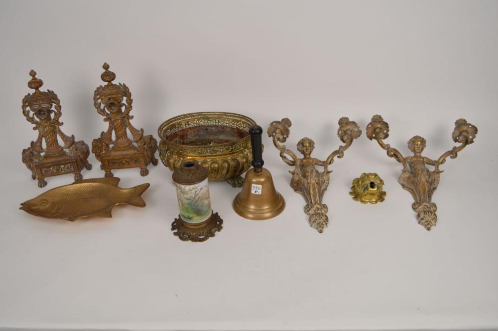 7pc. Assorted brass, American large school bell, planter, pair putti double light wall sconces, fish serving dish and pair ornate brass Andirons sold by Bill Hood & Sons Arts & Antiques Auctions, lot 346A — auction record photograph