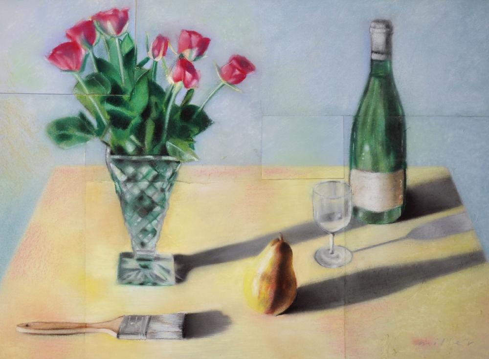 jack miller 1945 2004 british a still life with roses in a crystal vase a paintbrush pear glass and bottle on a table pastel on joined paper signed 21 5 x 29 5 · John Nicholson's Fine Art Auctioneers & Valuers · 2020-02-26 Jack Miller comparable auction result: jack miller 1945 2004 british a still life with roses in a crystal vase a paintbrush pear glass and bottle on a table pastel on joined paper signed 21 5 x 29 5