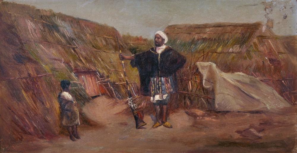 Emile Marin comparable auction result: emile marin 1876 1940 french an arabian guard with a small boy by straw huts oil on panel 6 x 11