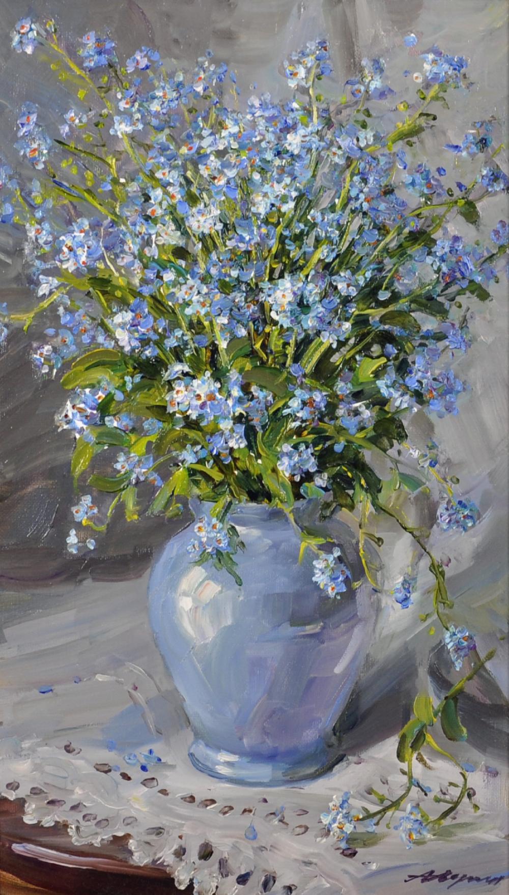 Alexandre Averine comparable auction result: alexandre averine 1952 russian still life of flowers in a blue vase oil on canvas signed in cyrillic and signed and inscribed on the reverse in cyrillic 18 25 x 10 75