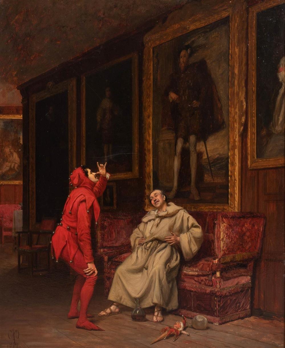 Claude Andrew Calthrop comparable auction result: claude andrew calthrop british 1845 1893 painting court jester oil on wood panel signed with monogram cac mounted in later