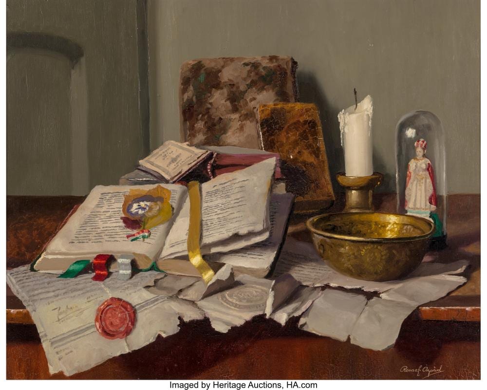 arp d romek hungarian 1883 1960 still life with books brass bowl and candle · Heritage Auctions · 2020-03-12 Arpád Romek comparable auction result: arp d romek hungarian 1883 1960 still life with books brass bowl and candle