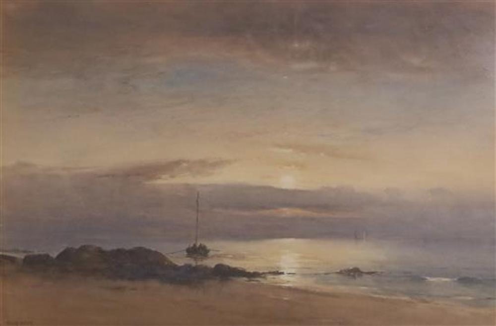 David West comparable auction result: david west 1868 1936 fishing boat off the coast at sunset 19 25 x 29in