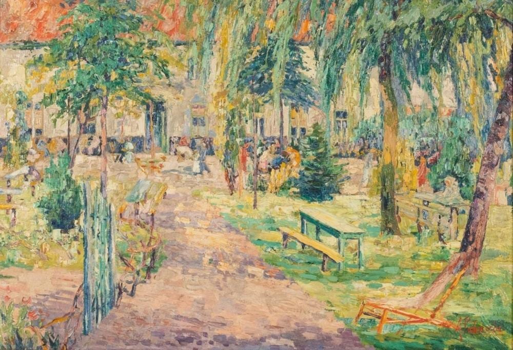 Alfred Pietercelie comparable auction result: alfred pietercelie 1879 1955 cour d estaminet anim e en t huile sur toile