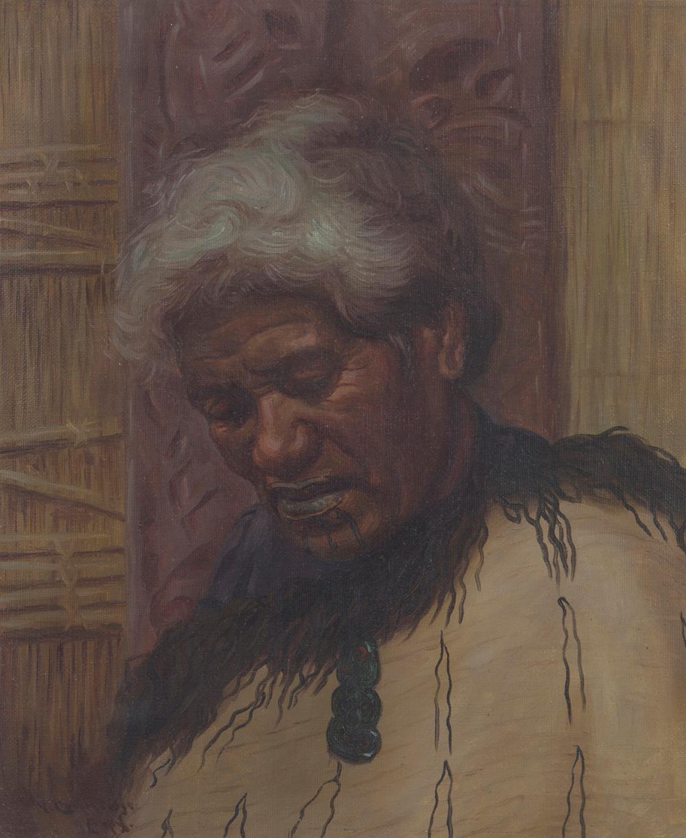 Oil painting of an elderly man with white hair and beard wearing a dark coat, seated and leaning slightly forward against a muted interior background.