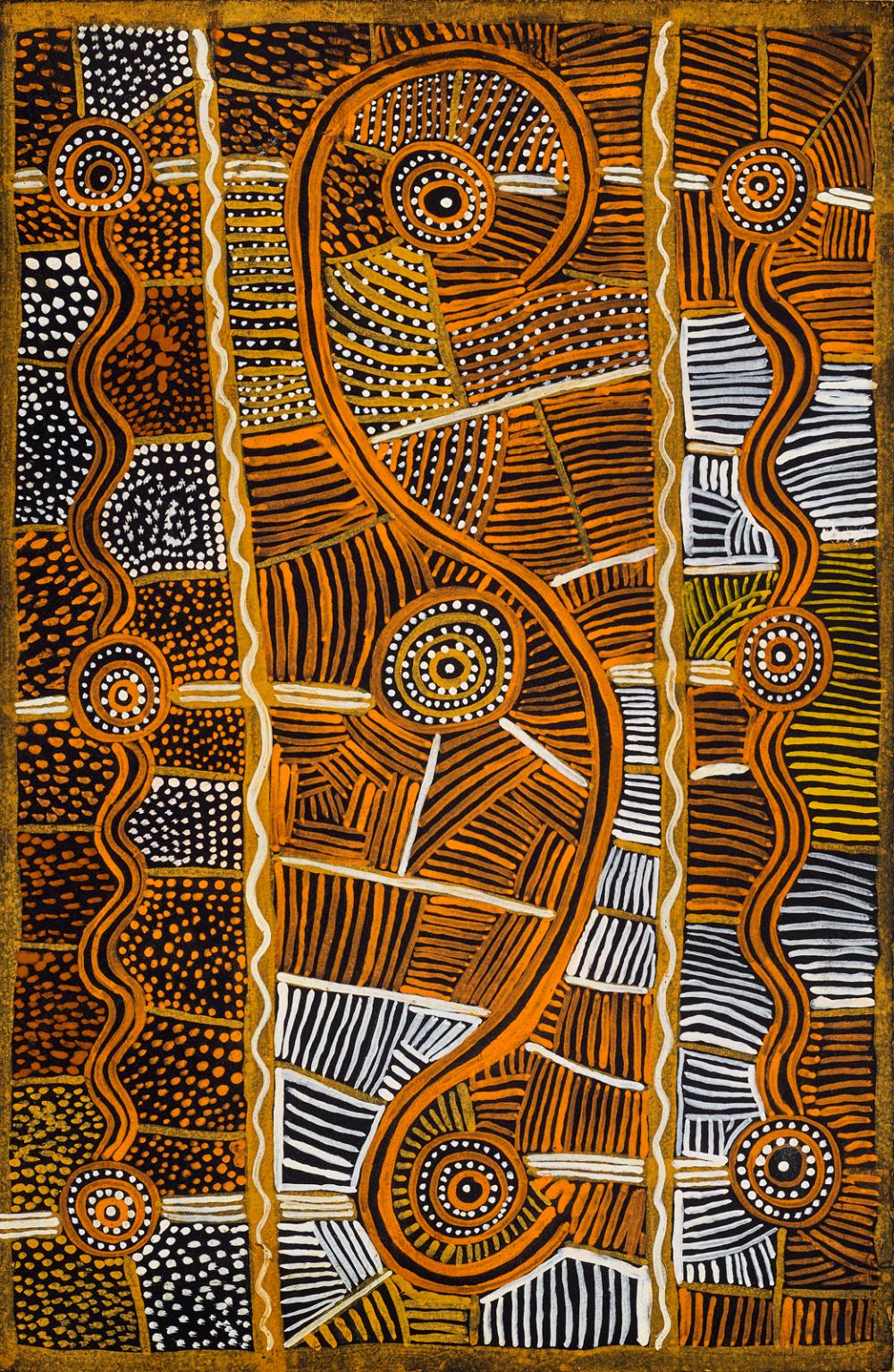 LONG JACK PHILLIPUS TJAKAMARRA, born c.1932, WATER STORY (VERSION 7), 1972, synthetic polymer powder paint and PVA on composition board sold by Deutscher and Hackett, lot 4 — auction record photograph