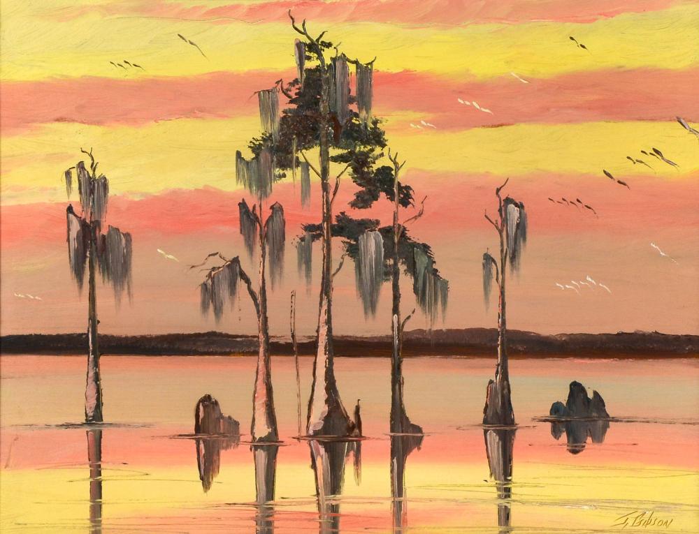 JAMES GIBSON ORANGE AND YELLOW SUNSET PAINTING sold by Burchard Galleries Inc, lot 1241 — auction record photograph