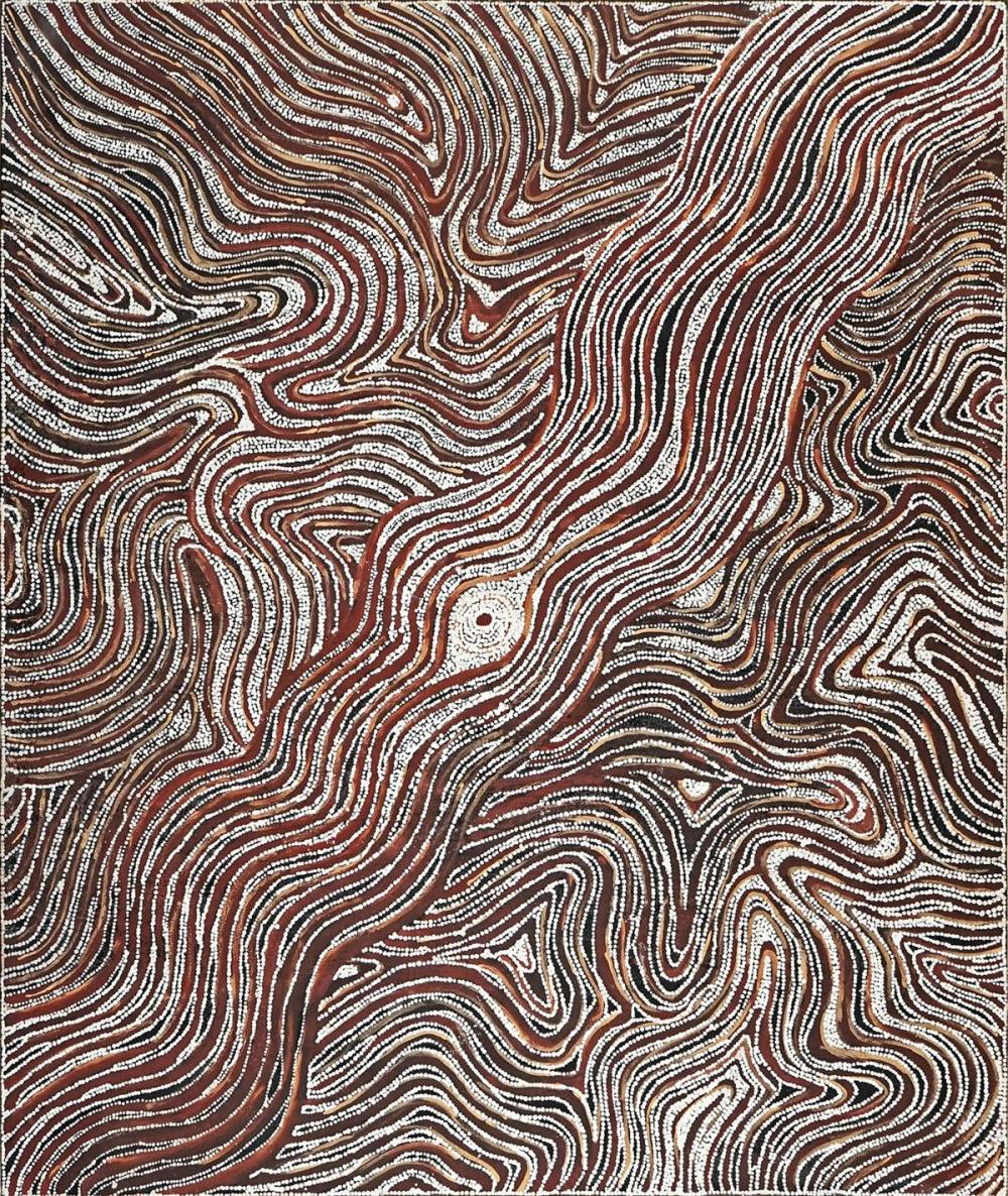 Lloyd Kwilla comparable auction result: lloyd kwilla 1980 kulyayi waterhole bushfire series 4 2006 150 x 180cm stretched and ready to hang