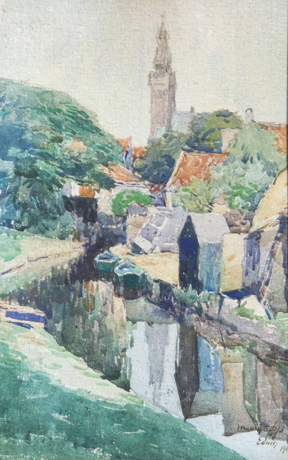 Watercolor painting showing a townscape with buildings and a tall church tower rising above hills, in blue and green tones.