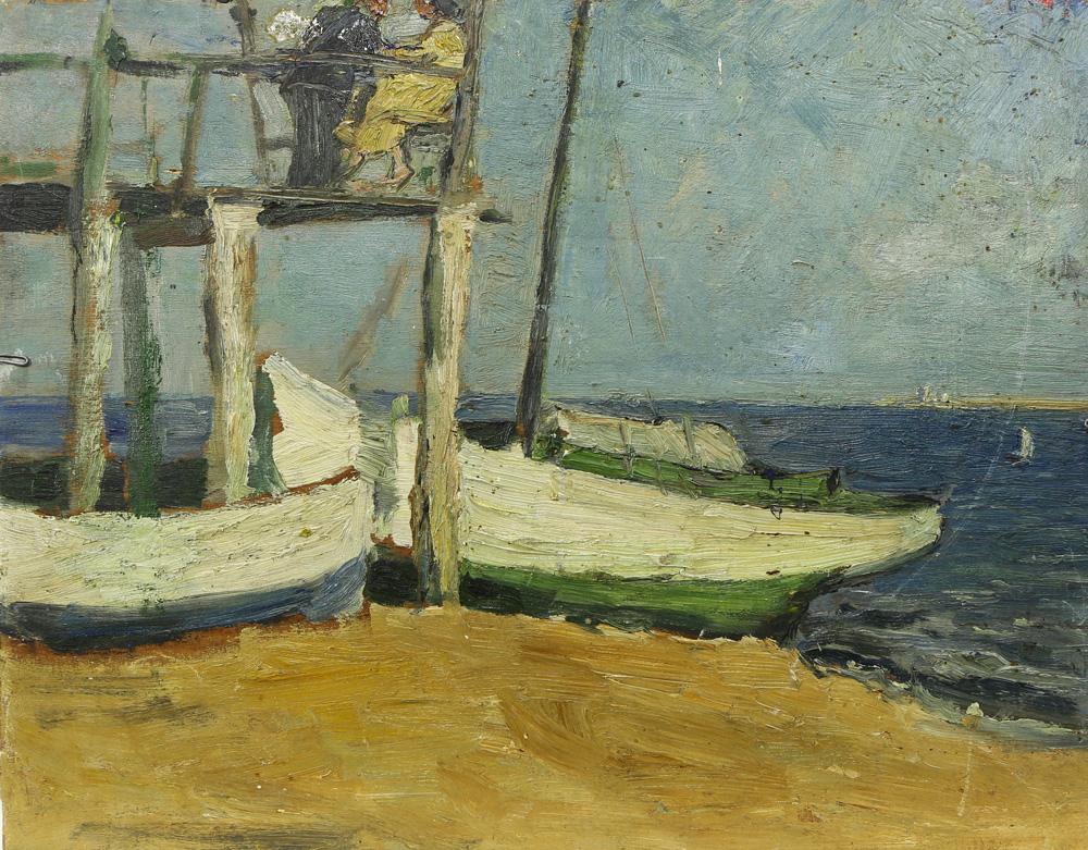 Close-up of an oil painting showing a dock with boats and a shoreline building in muted blue, green, and yellow tones.