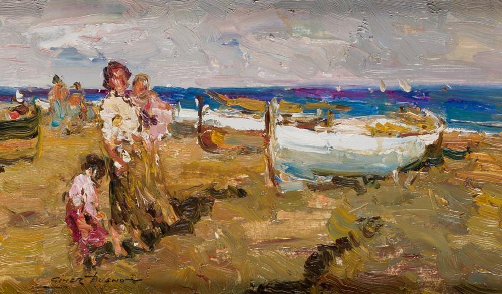 Luis Giner comparable auction result: luis giner bueno familias de pescadores en la playa oil on board