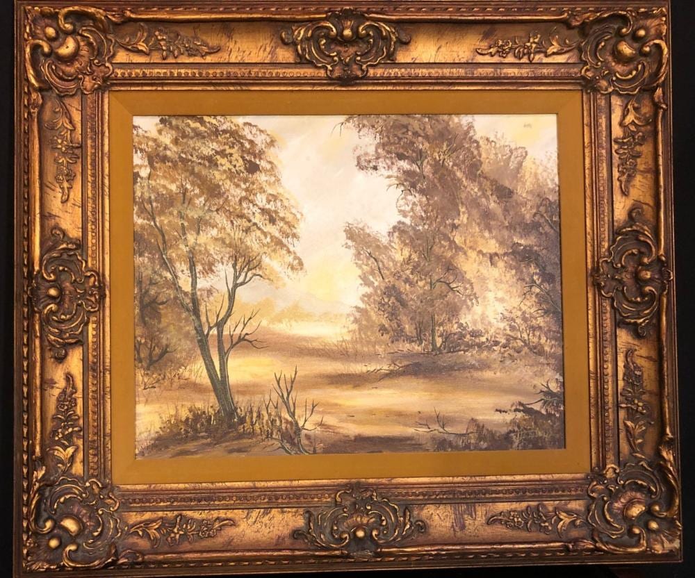LEE REYNOLDS ORIGINAL OIL PAINTING ON CANVAS OF A FOREST LANDSCAPE, SIGNED WITH A GOLD FINISH FRAME MEASURING 30in x 27in sold by The Rug Life Auctions, lot 169 — auction record photograph
