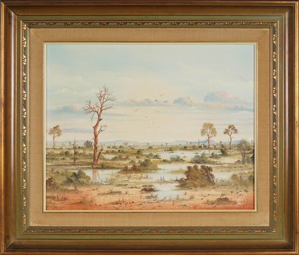 John Dynon comparable auction result: john dynon 1954 after the rain on the mundi mundi via broken hill 1986 39 5 x 49 5 cm frame 60 x 70 x 5 cm