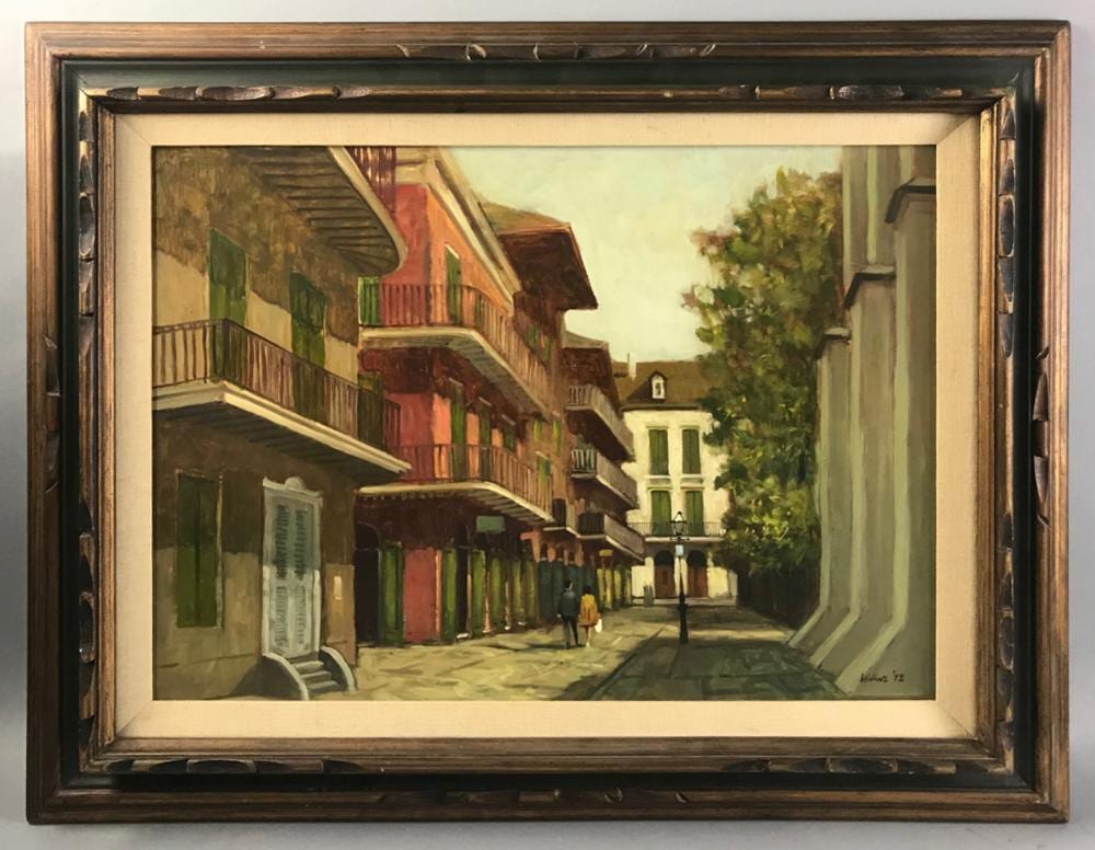 Dell Weller comparable auction result: dell weller new orleans street scene oil on board