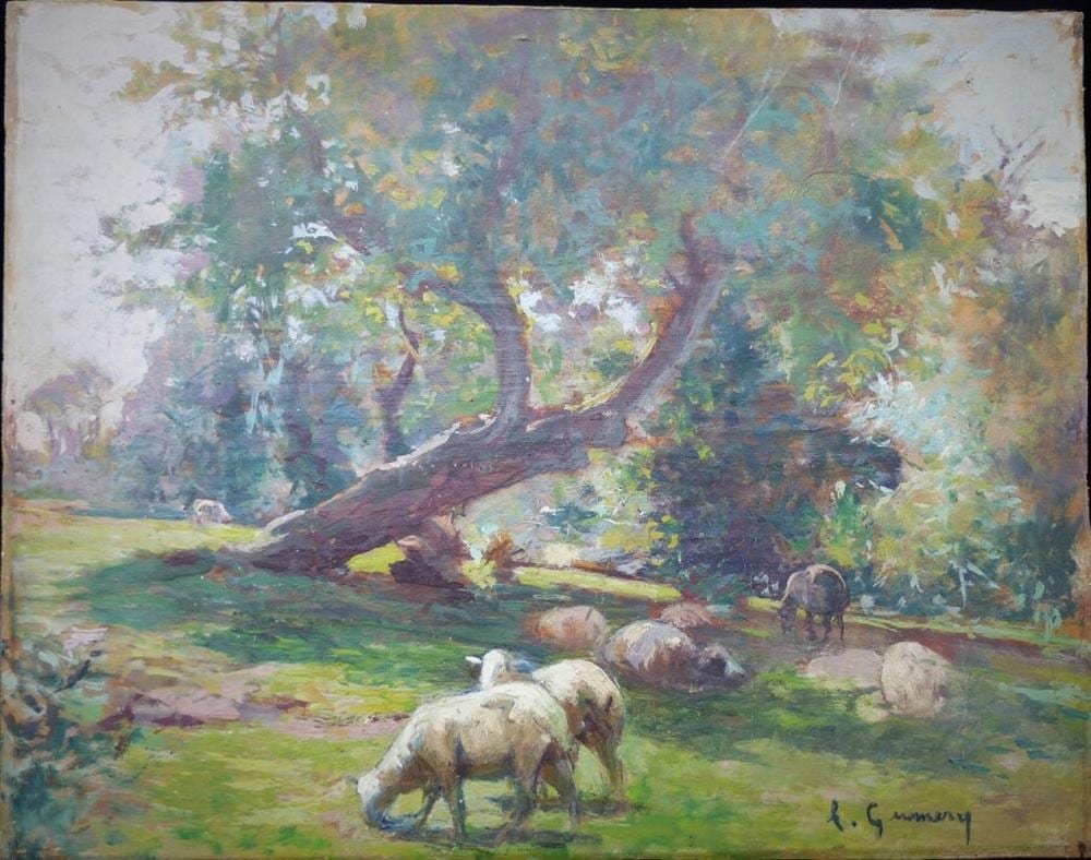 Adolphe-Erneste Gumery comparable auction result: adolphe gumery 1861 1943 paysage aux moutons le mont saint michel huile sur panneau double face