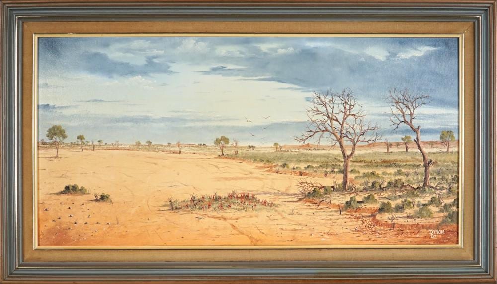 John Dynon comparable auction result: john dynon 1954 dry lake bed via broken hill 1989 36 5 x 75 cm frame 51 x 89 x 4 cm