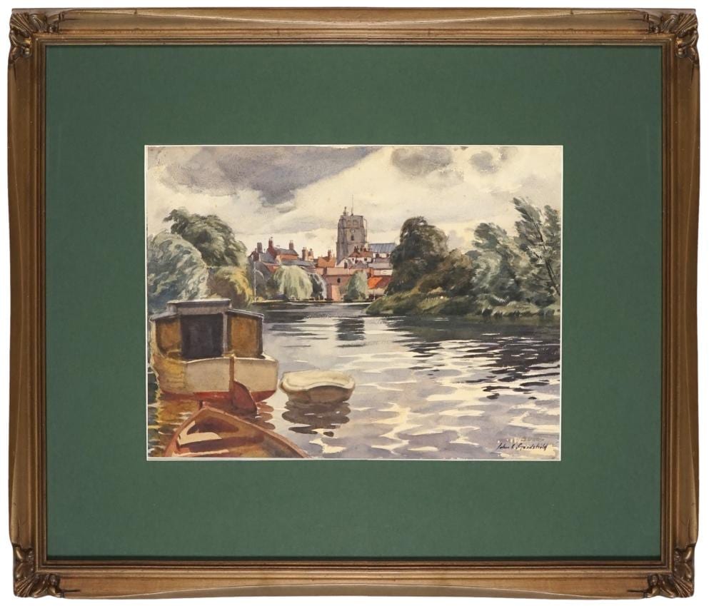 John Charles Goodchild comparable auction result: john charles goodchild 1898 1980 river waveney st michael s church suffolk england 28 x 38 cm frame 55 x 62 x 3 cm