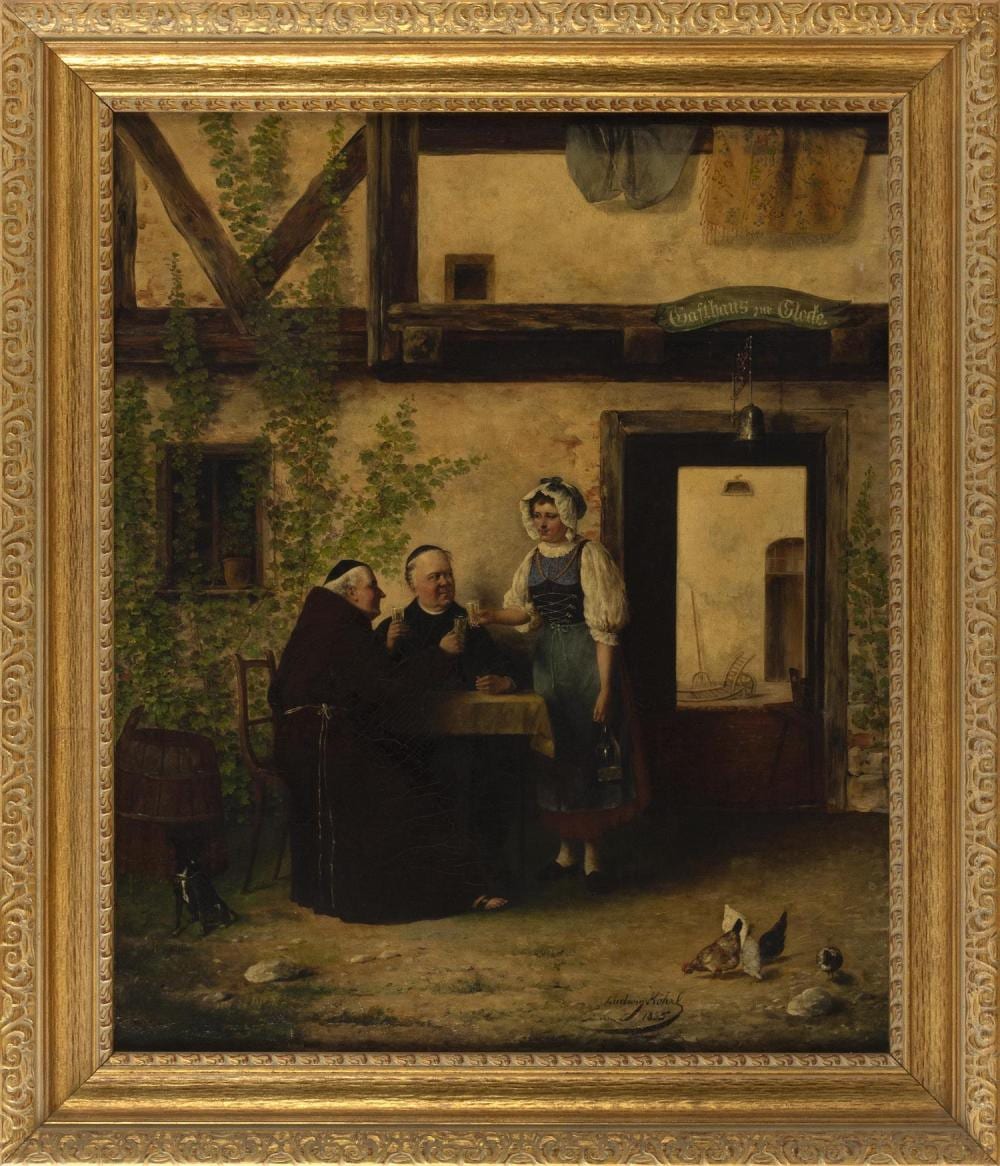 Ludwig Kohrl comparable auction result: ludwig kohrl germany 1858 1927 friars enjoying a drink at an outdoor inn oil on canvas 27 x 22 framed 32 5 x 37 5