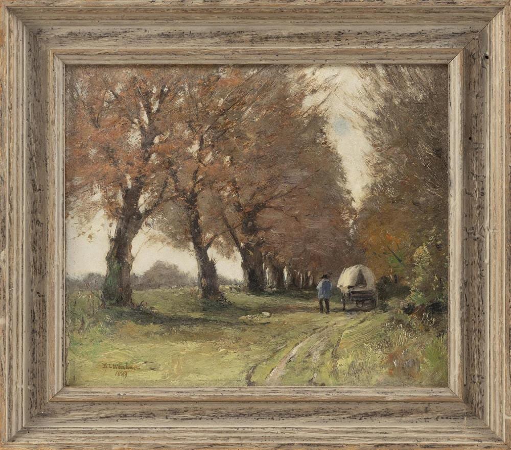 Sion Longley Wenban comparable auction result: sion longley wenban connecticut ohio 1818 1897 a man guides a cart down a rural path oil on canvas 9 x 10 5 framed 12 x 13