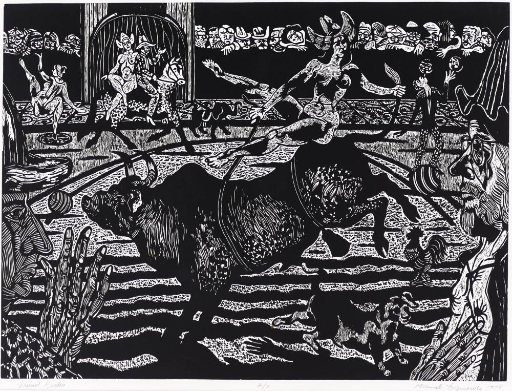 Manuel Izquierdo comparable auction result: manuel izquierdo 1925 2009 oregon grande rodeo 1978 woodcut 18 x24 image
