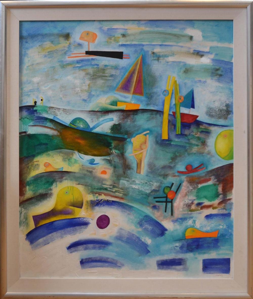 Rafael Gurvich comparable auction result: rafael gurvich at the beach oil on canvas 120 x 100cm frame size 140 x 120cm condition good