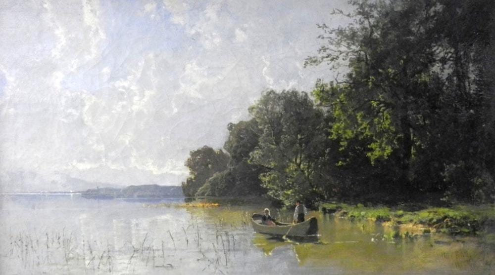 Landscape painting of two people in a rowboat on a calm lake beside trees.